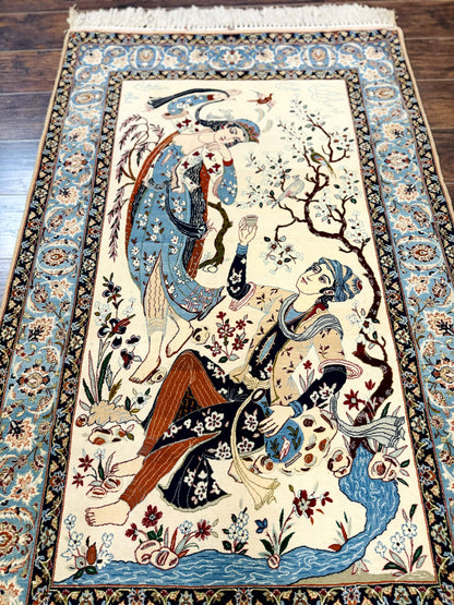 Persian Isfahan Pictorial Rug, Two Lovers, Kork Wool on Silk Foundation, Ivory and Light Blue, 500 KPSI Super Fine