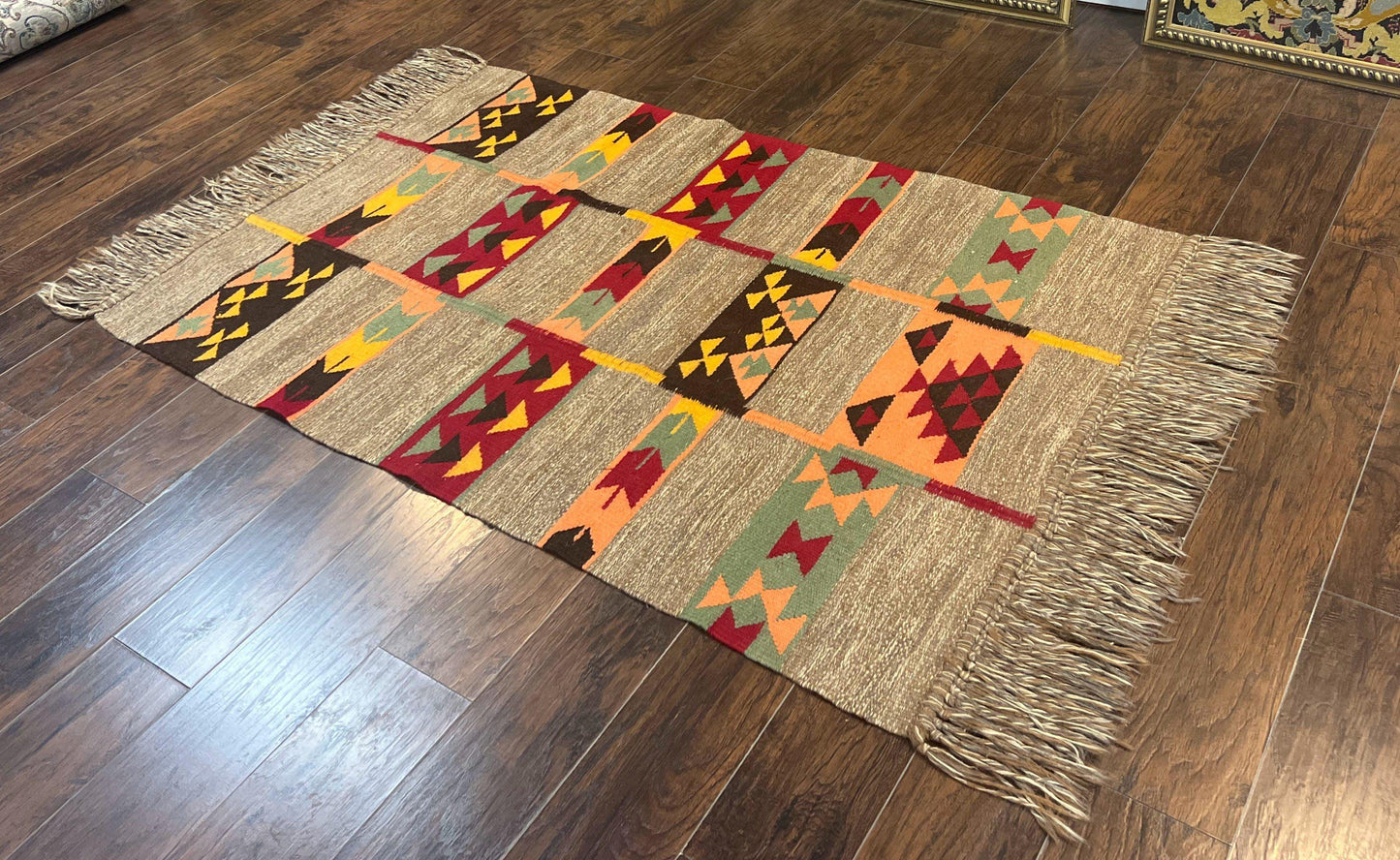 South American Flatweave Rug, Gray, Handmade Vintage Wool Bohemian Blanket