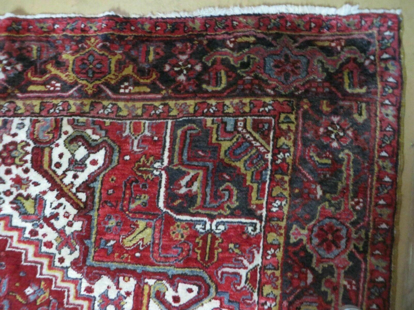 Heriz Rug 9x11, Geometric Persian Carpet Room Sized, Tribal Medallion Rug, Red Ivory Dark Blue Handmade Wool Rug for Living Room Dining Room