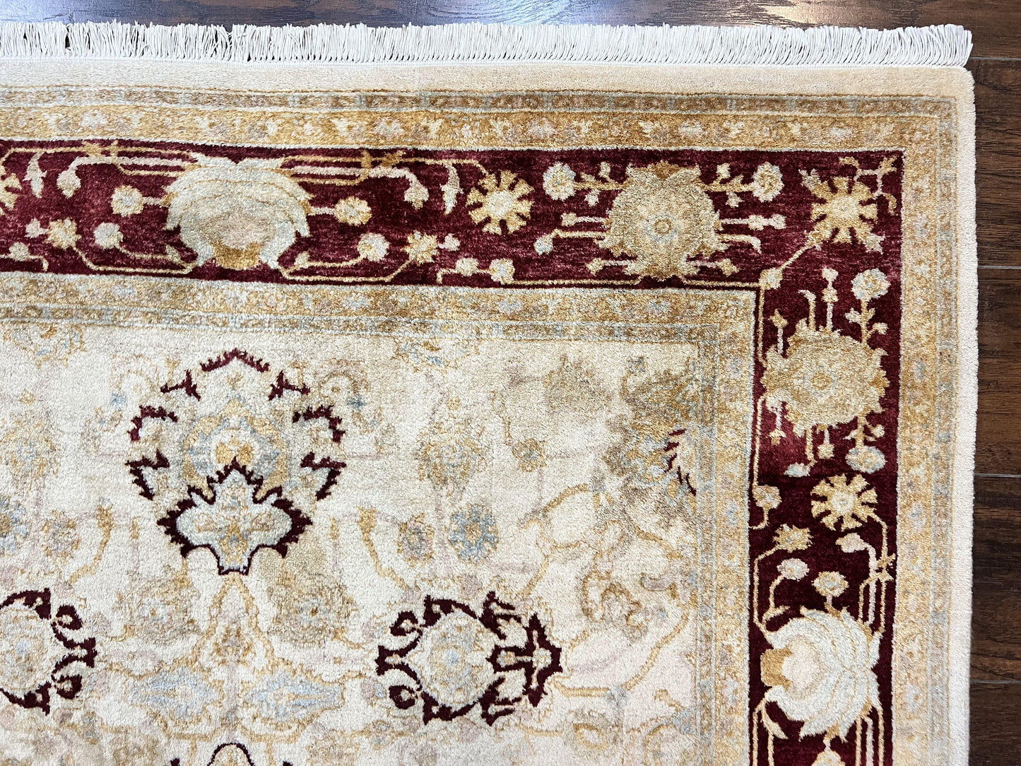 Peshawar Rug 5x7, Beige and Maroon, Vintage Handmade Wool Traditional Carpet 5 x 7 ft, Pakistani Rug, Agra Pattern, Very Fine 260 KPSI