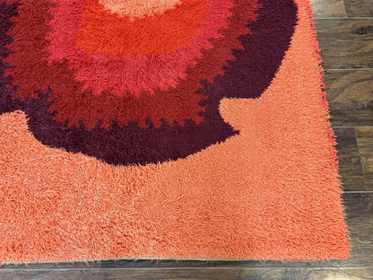 Danish Rya Shag Rug 4x6, Mid Century 1960s Retro Vintage Wool Rug, Shades of Red