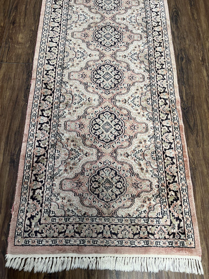 Silk Kashmiri Runner Hand Knotted Vintage Hallway Carpet Ivory Pink Medallion
