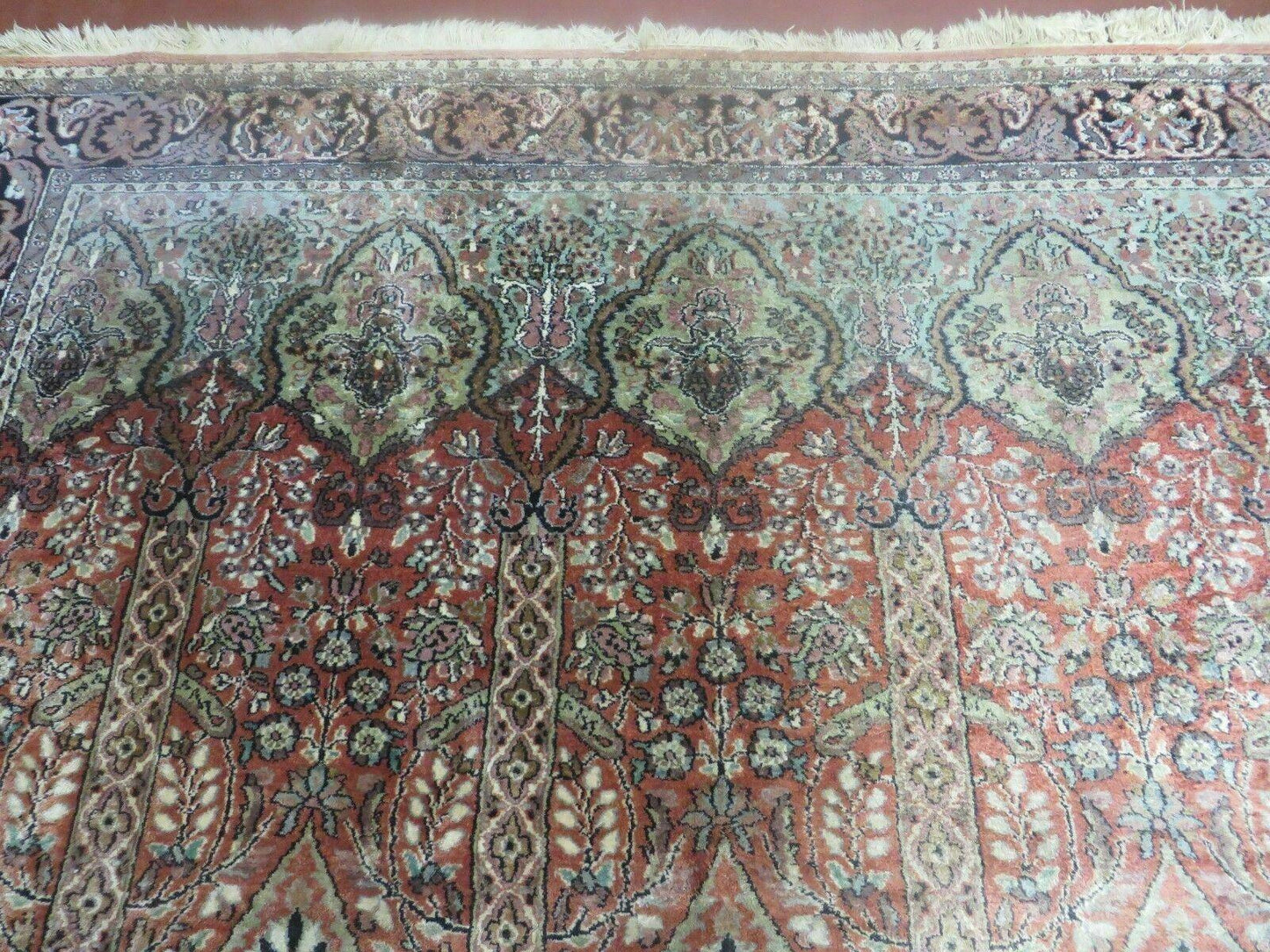Vintage Indian Silk Rug Kashmir Handmade 6x6 Square Carpet