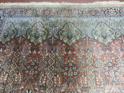 Vintage Indian Silk Rug Kashmir Handmade 6x6 Square Carpet