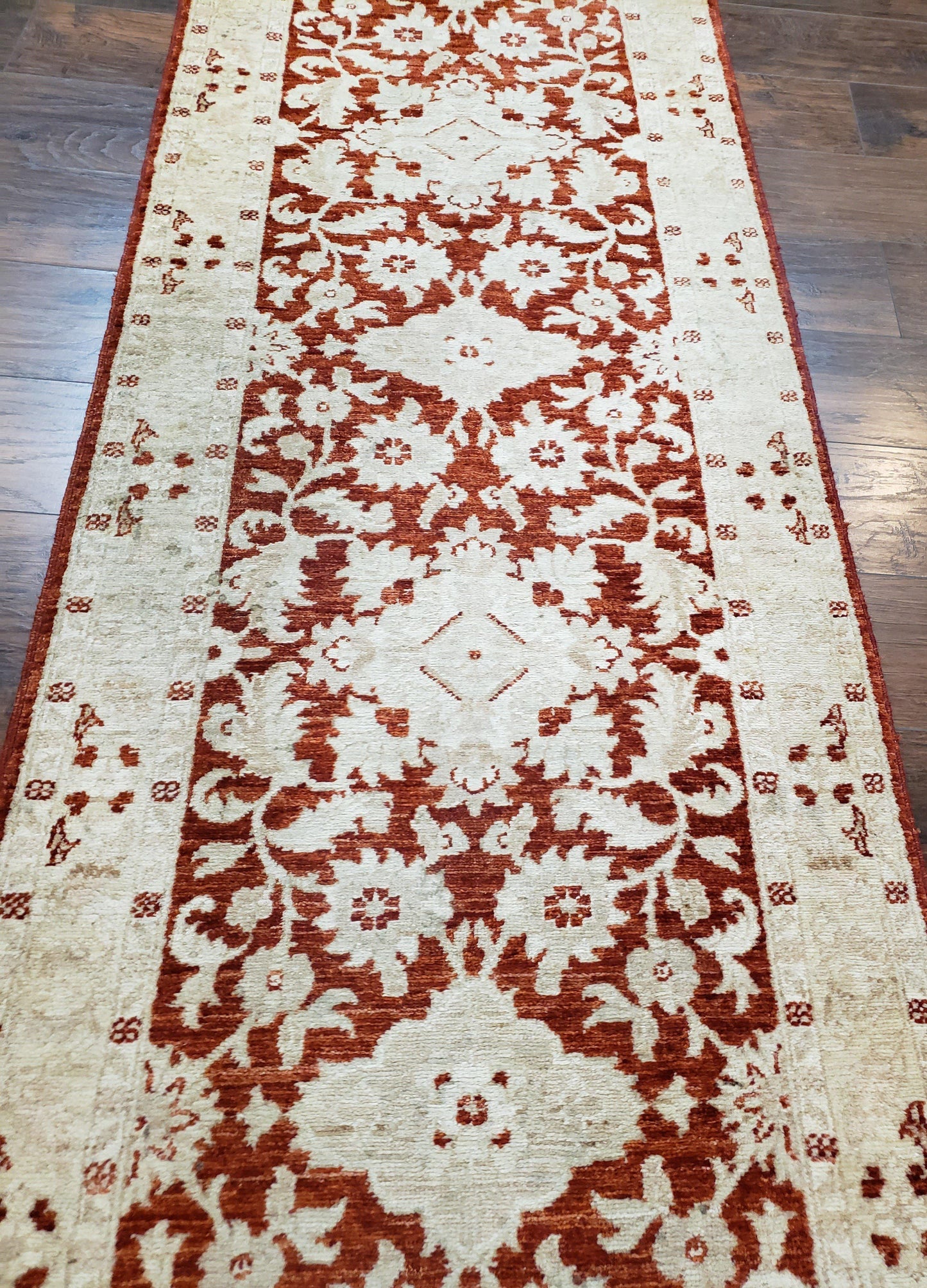 21 ft Runner Rug Long Hallway Runner, 3 x 21 Corridor Rug, Peshawar Pak Persian Chobi Agra Rug, Maroon and Beige Large Flowers Wool Handmade