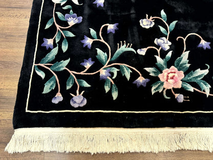 Chinese Wool Rug 6x9 Vintage Black Floral Minimal Design Art Deco Handmade Hand Knotted