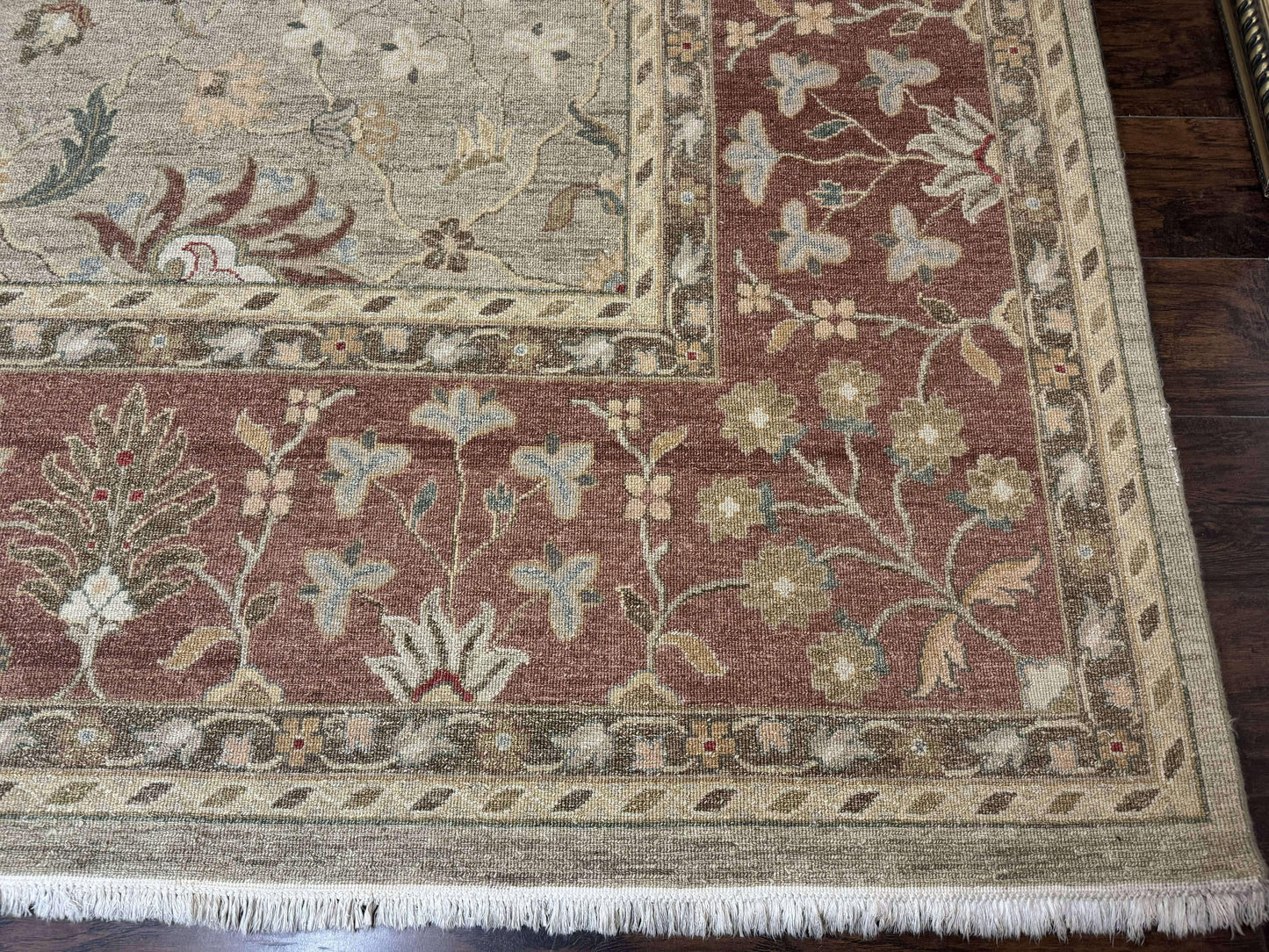 Large Turkish Soumak Rug 10x14, Flatweave Dhurrie, Handmade, Light Green and Salmon