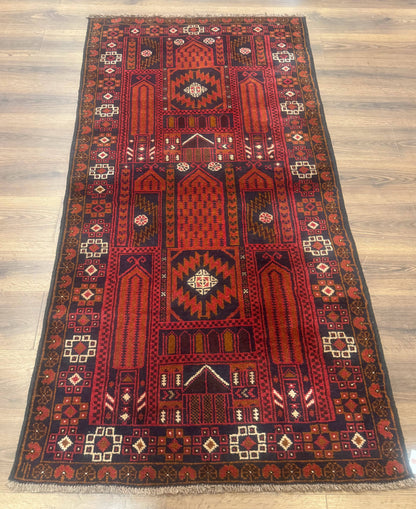 Balouch Rug Afghan Hand Knotted Wool Tribal Carpet 3x7 Red Colorful Traditional