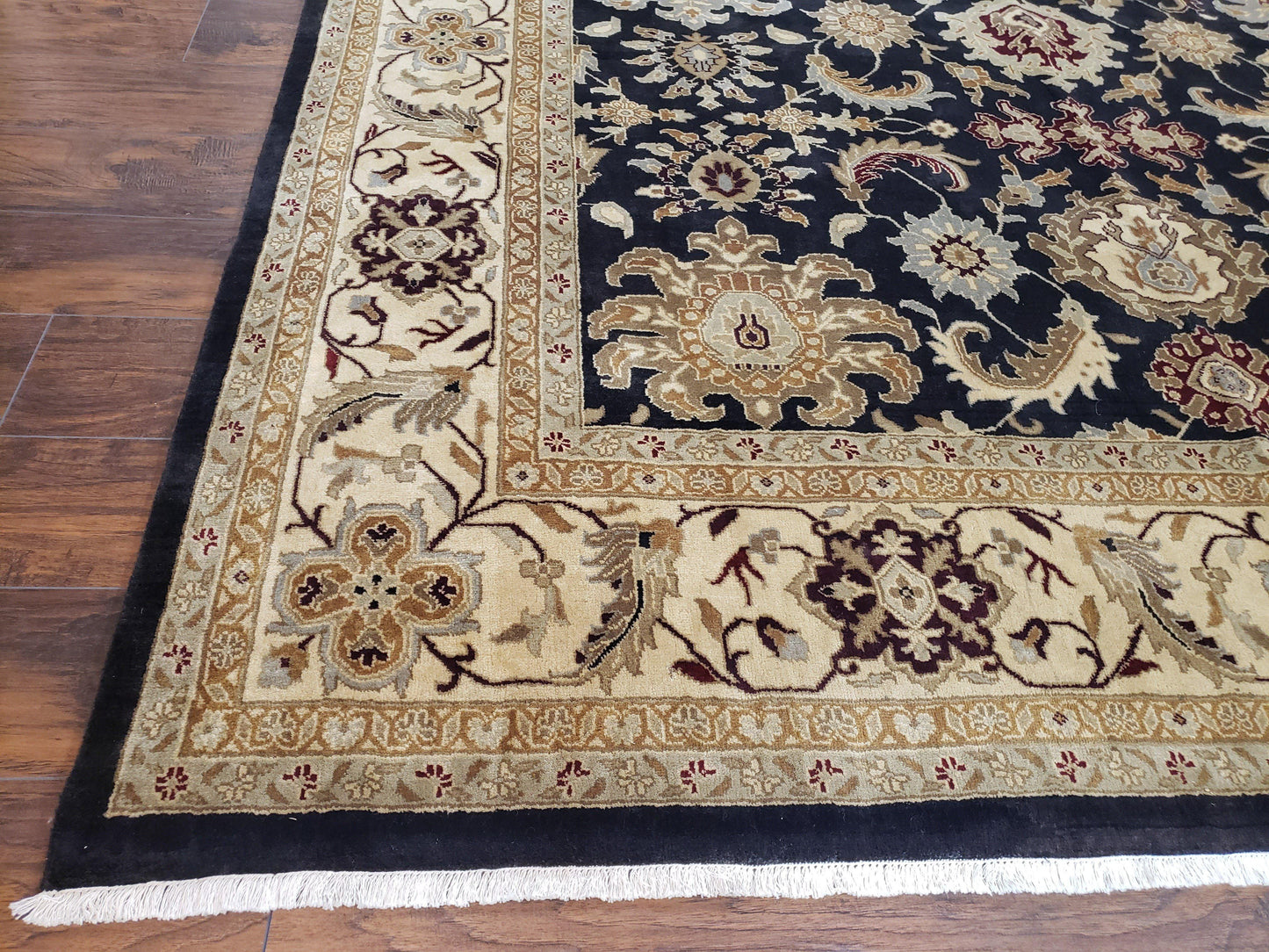 Indo Mahal Rug 8x12 Handmade Wool Area Rug With Black Floral Oriental For Dining Room