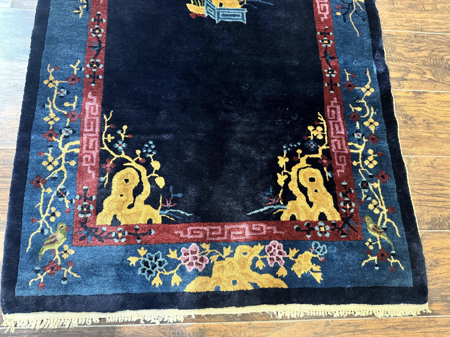 Antique Peking Rug 3x6 Handmade Wool Bird Motif Blue Chinese Legacy Carpet