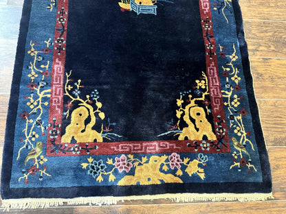 Antique Peking Rug 3x6 Handmade Wool Bird Motif Blue Chinese Legacy Carpet