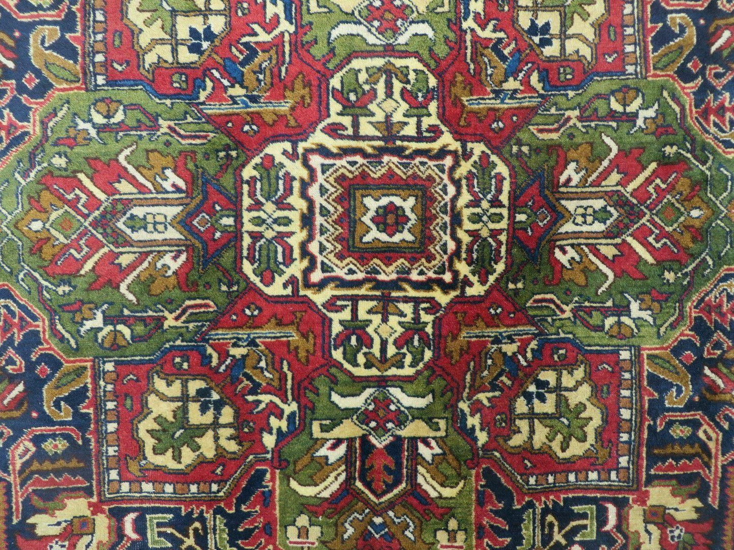 Persian Tabriz Rug 10x13 Oriental Carpet, Ivory Open Field, Geometric Medallion, Red Blue, Hand Knotted, Large Wool Area Rug Vintage Antique 1950s