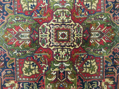 Persian Tabriz Rug 10x13 Oriental Carpet, Ivory Open Field, Geometric Medallion, Red Blue, Hand Knotted, Large Wool Area Rug Vintage Antique 1950s