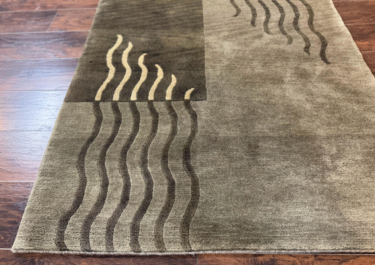 Modern Tibetan Wool Rug 3.6 x 5.6, Shades of Green, Abstract Design