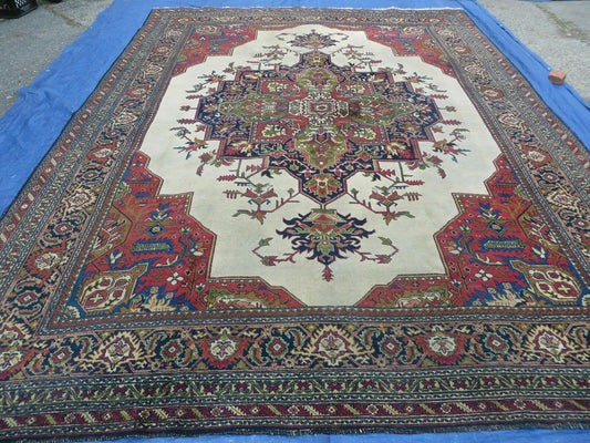 Persian Tabriz Rug 10x13 Oriental Carpet, Ivory Open Field, Geometric Medallion, Red Blue, Hand Knotted, Large Wool Area Rug Vintage Antique 1950s