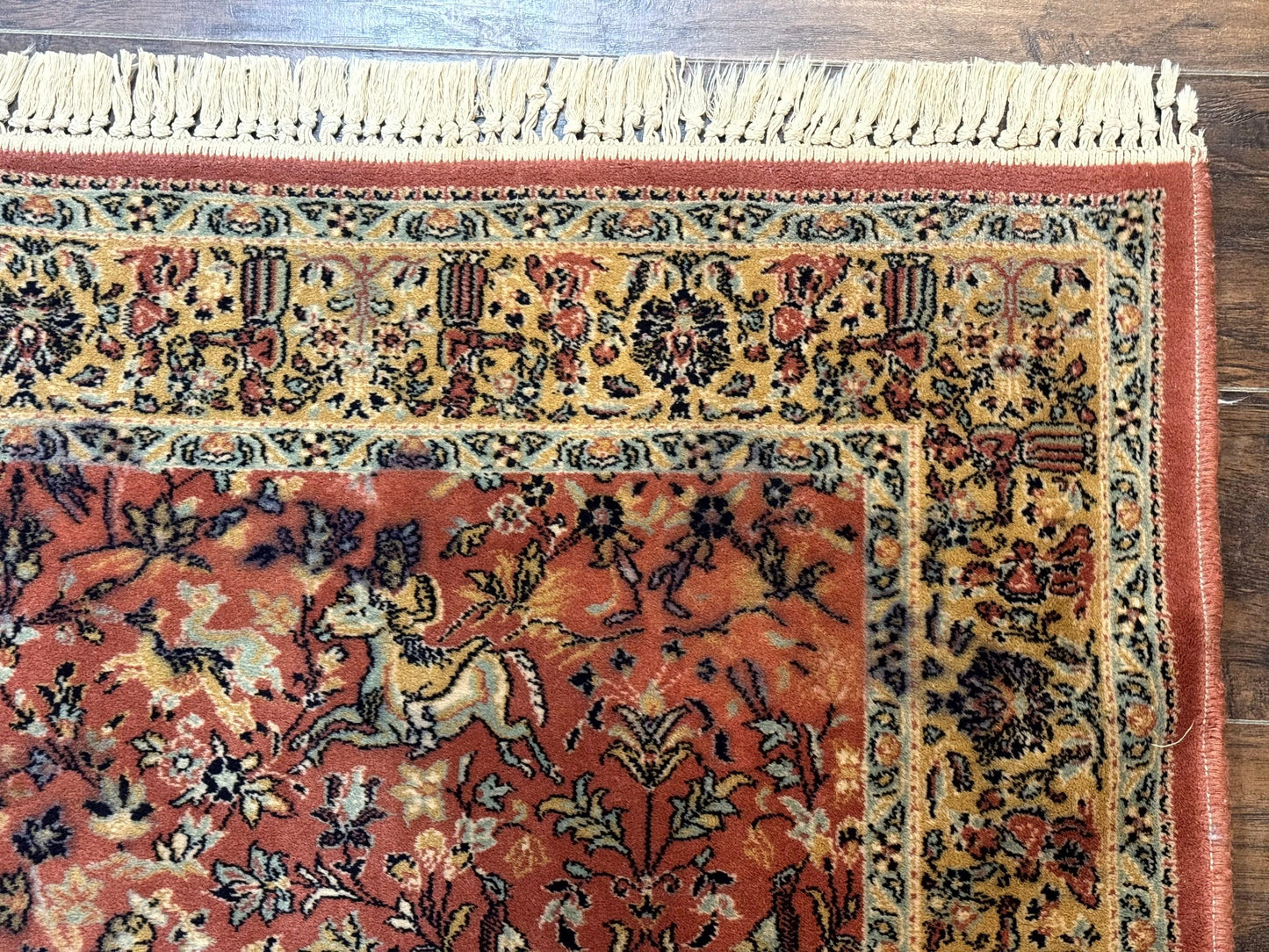 Persian Hunting Design Rug 4.7 x 6.5, Hunting Scene, Red-Orange, Wool, Belgian Power Loomed Carpet