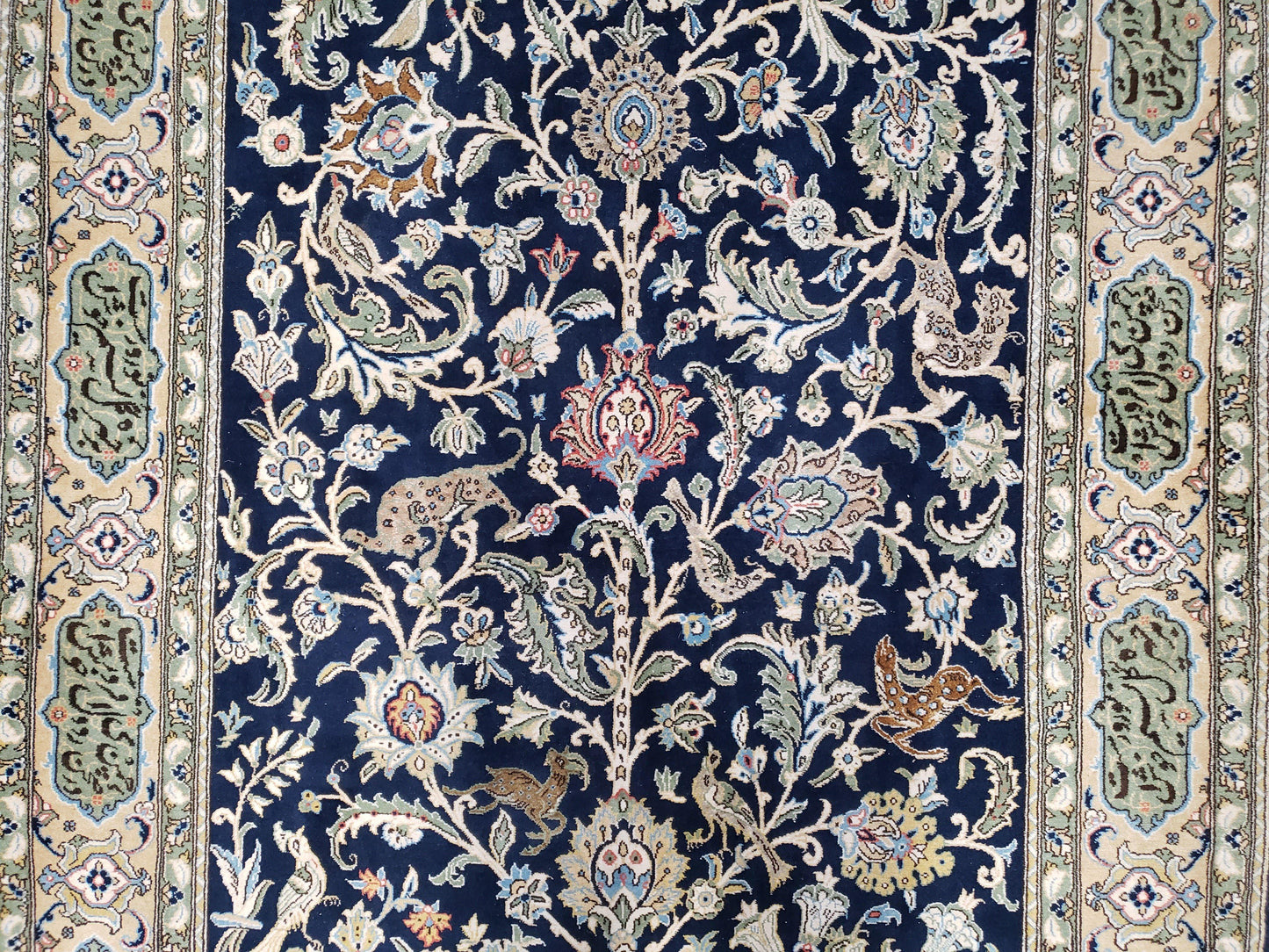 Persian Qum Tree Of Life Rug Hand Knotted Wool Midnight Blue And Tan With Poem Borders 4ft 8in By 7ft 8in