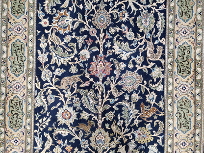 Persian Qum Tree Of Life Rug Hand Knotted Wool Midnight Blue And Tan With Poem Borders 4ft 8in By 7ft 8in