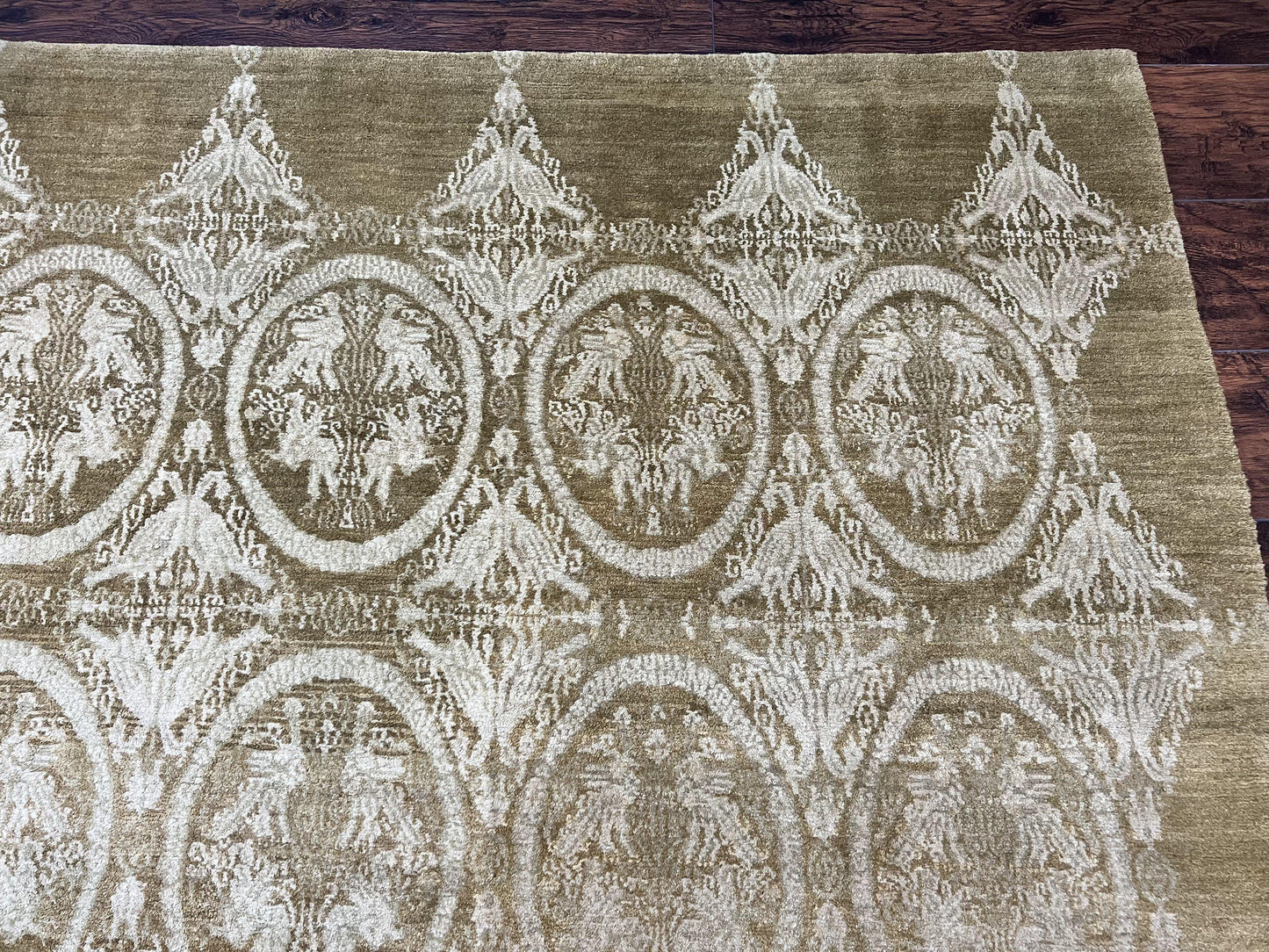 Tibetan Rug 12x15, Wool Hand Knotted Carpet, Odegard Rug, Birds, Olive Green, 12 x 15 Oversized Handmade Contemporary Area Rug, Extra Large