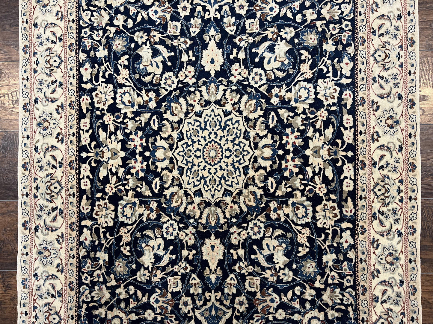 Persian Nain Rug Hand Knotted Wool and Silk Accents With Floral Medallion Navy Blue Ivory Cream