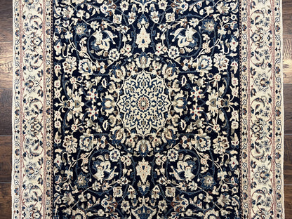 Persian Nain Rug Hand Knotted Wool and Silk Accents With Floral Medallion Navy Blue Ivory Cream