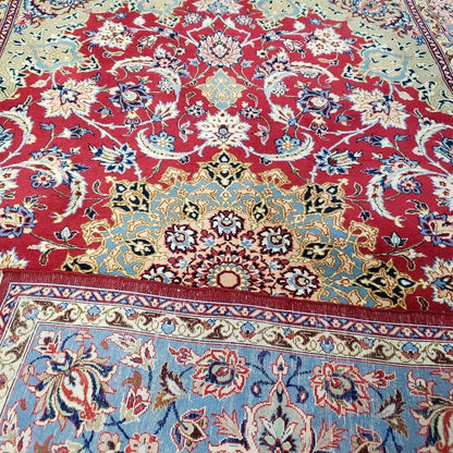 Semi Antique Persian Isfahan Rug, Kork Wool on Silk Foundation, Red & Blue, Top Quality, 3'6" x 5' 6"