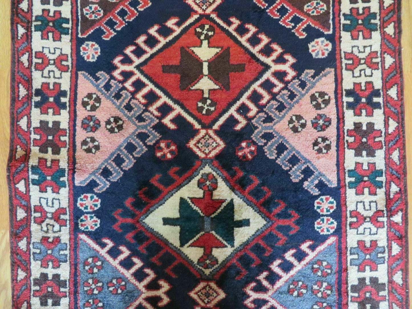 Persian Runner Rug 3.5 x 10.7, Karajeh Heriz Rug, Navy Blue, Geometric Medallions