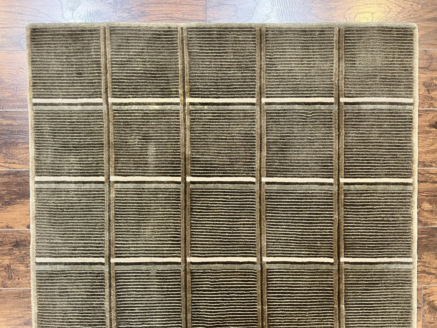 Tibetan Rug 4x6 Handmade Green Wool Area Rug With Panel Design Modern Contemporary