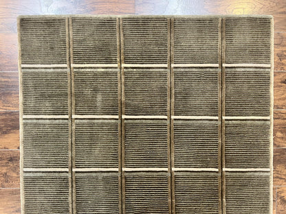 Tibetan Rug 4x6 Handmade Green Wool Area Rug With Panel Design Modern Contemporary