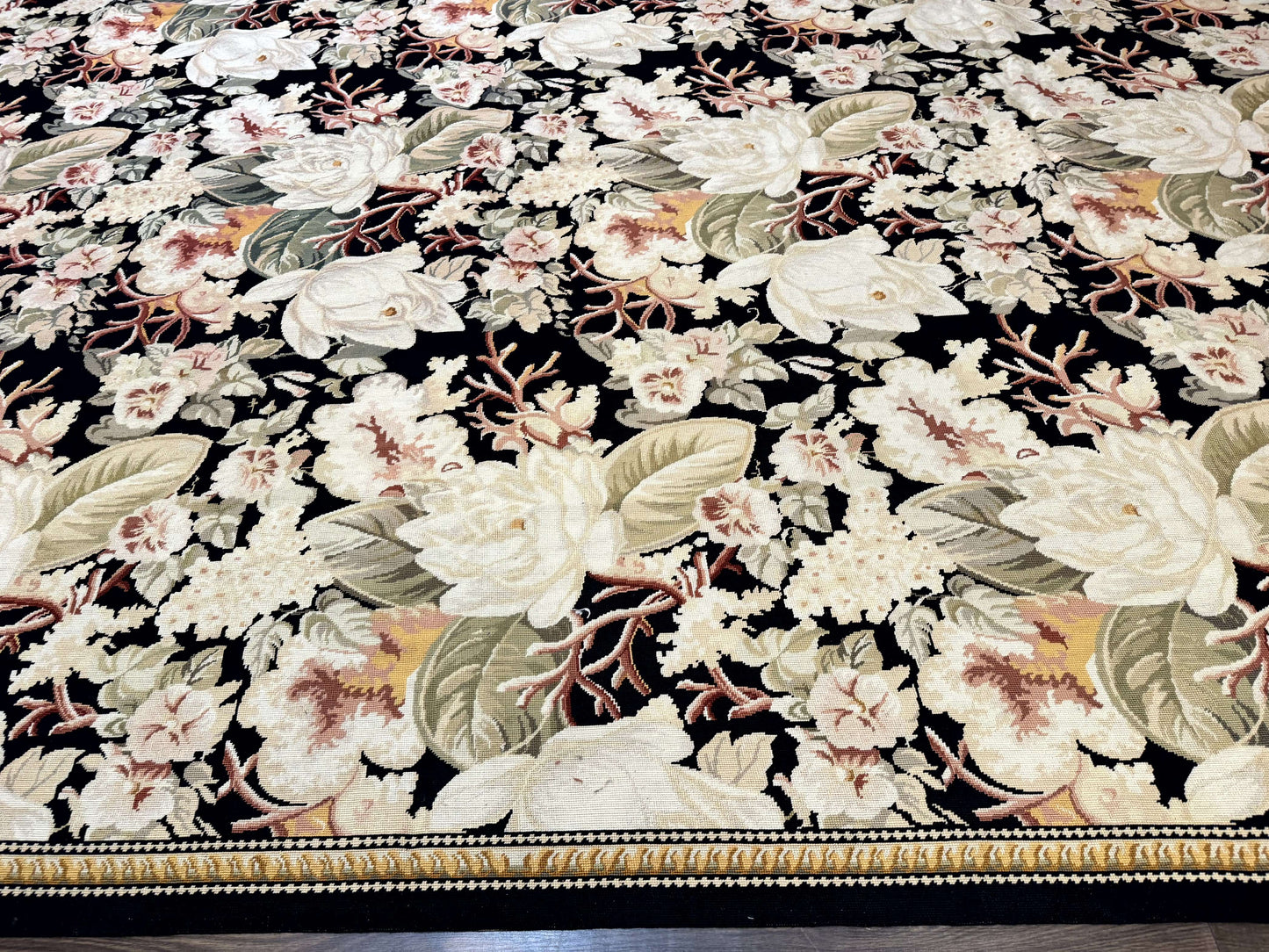 Palace Size Needlepoint Rug 13x17, Extra Large Wool Floral Handmade Carpet, European Design, Botanical