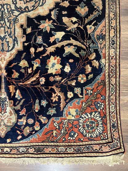Antique Persian Rug 3.5 x 5, Sarouk Farahan Rug, High Quality 1920s Fine Oriental Carpet 3 x 5 ft, Large Medallion, Floral, Navy Blue Red, Hand Knotted Wool Rug