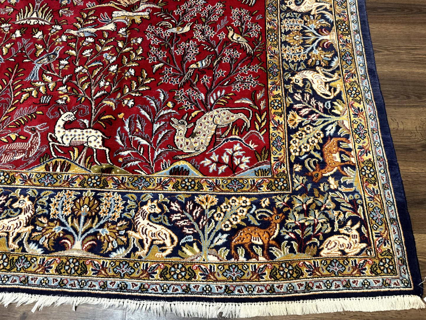 Persian Qum Rug 9x12 Tree of Life Pictorial With Deer Birds Floral In Red And Navy