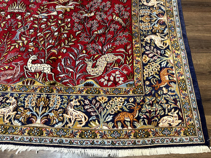 Persian Qum Rug 9x12 Tree of Life Pictorial With Deer Birds Floral In Red And Navy