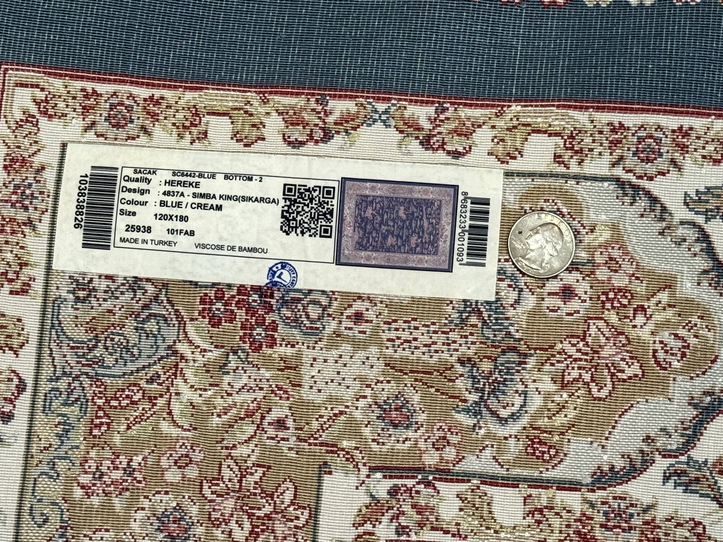 Turkish Silk Hunting Design Rug 4x6 in Dark Steel Blue and Ivory, Bamboo Silk