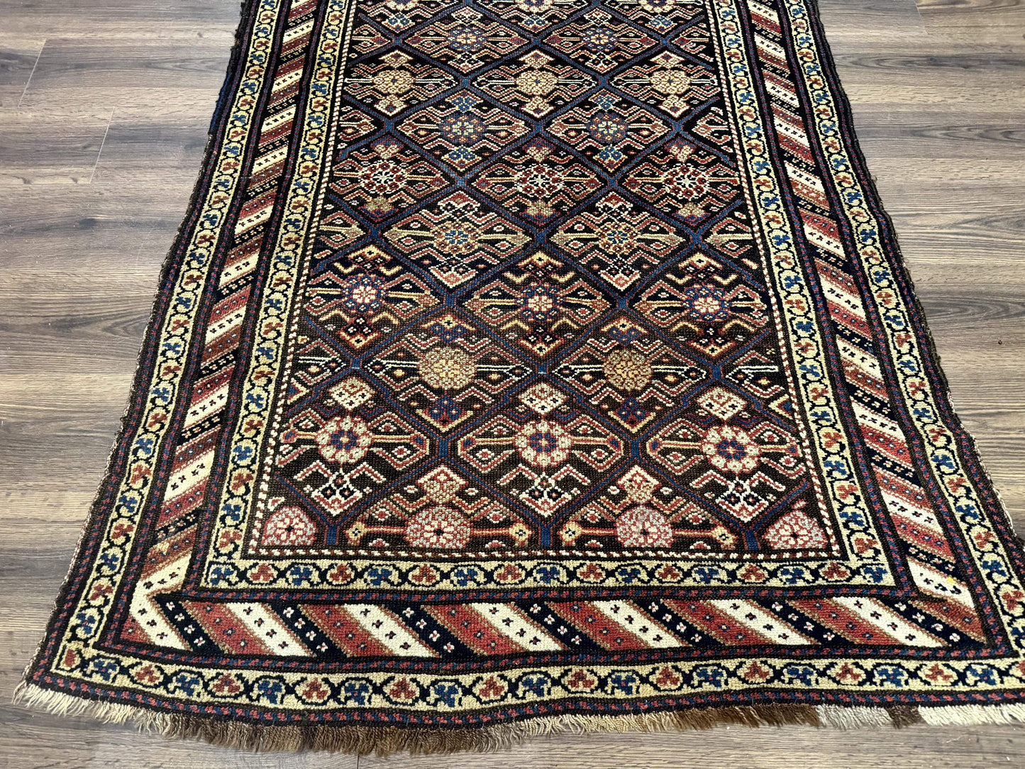 Antique Persian Wide Runner Rug 4x9, Kurdish Rug, Panel Design, Rainbow Border, Rare Tribal Rug