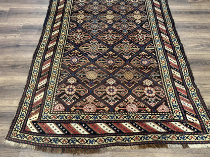 Antique Persian Wide Runner Rug 4x9, Kurdish Rug, Panel Design, Rainbow Border, Rare Tribal Rug