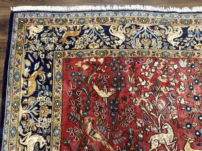 Persian Qum Rug 9x12 Tree of Life Pictorial With Deer Birds Floral In Red And Navy