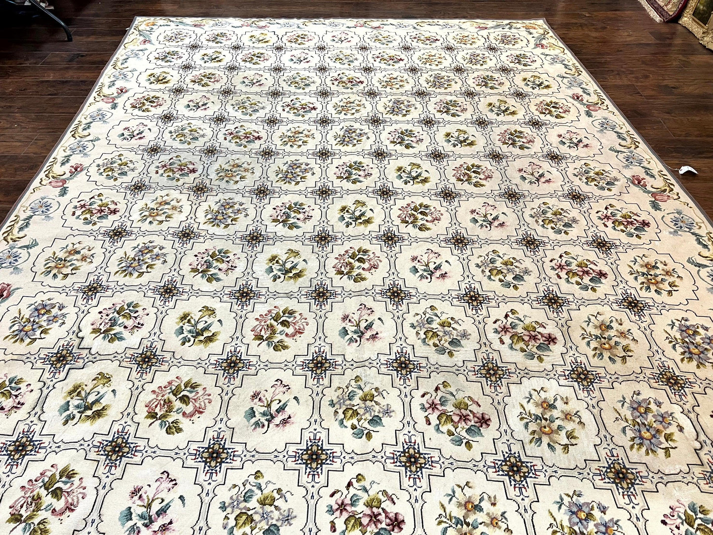 Needlepoint Rug 10x14, Wool Handmade Vintage Needlepoint Carpet, Floral Panel Design, Ivory/Cream