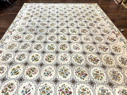 Needlepoint Rug 10x14, Wool Handmade Vintage Needlepoint Carpet, Floral Panel Design, Ivory/Cream