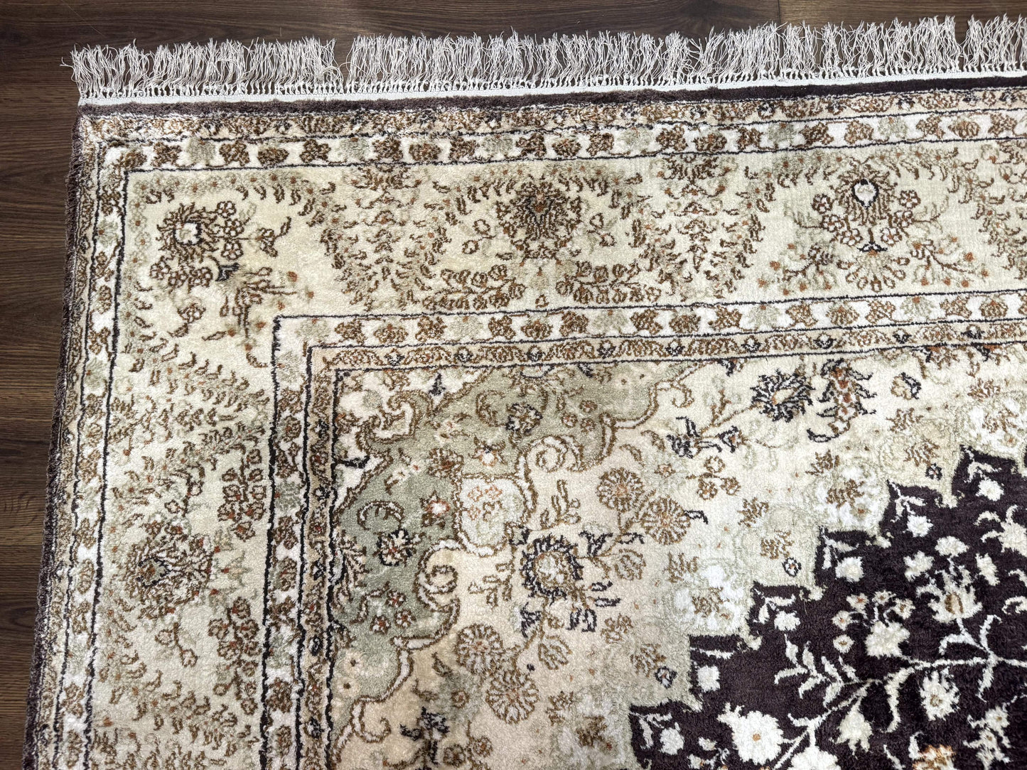 Indian Kashmiri Silk Rug 10x14, Floral Medallion