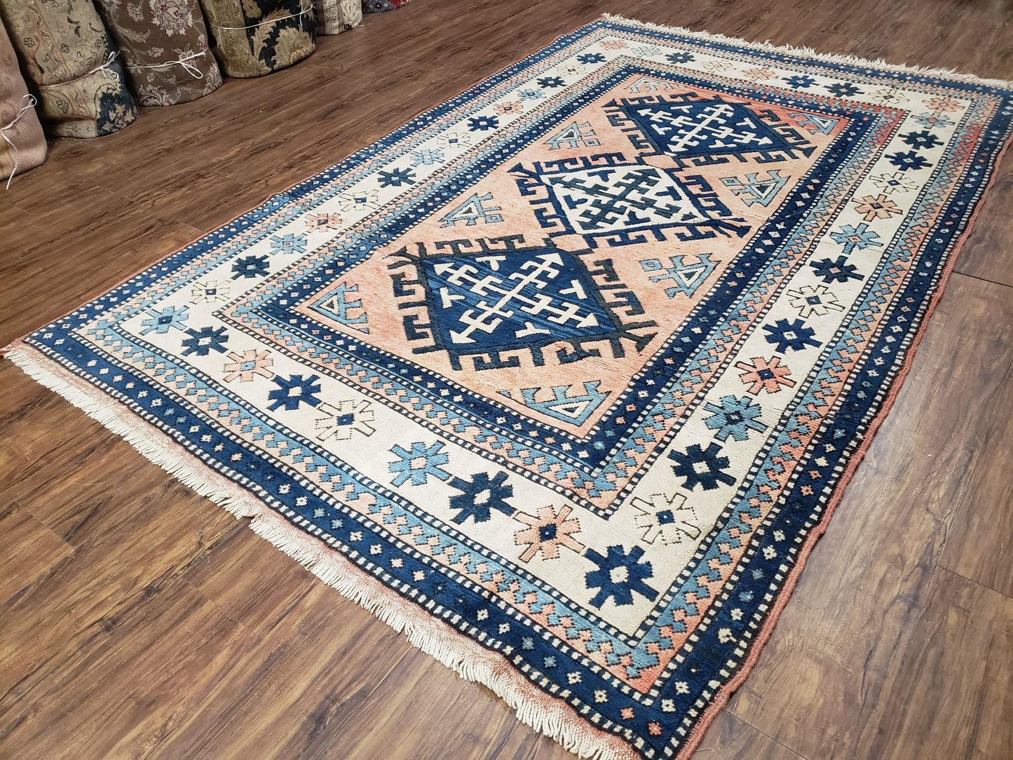 Turkish Kazak Rug 5x8 Ft Hand Knotted Wool Bohemian Carpet Blue Ivory