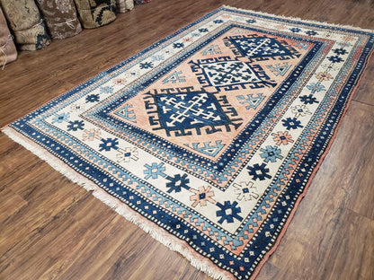 Turkish Kazak Rug 5x8 Ft Hand Knotted Wool Bohemian Carpet Blue Ivory
