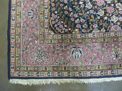 Turkish Sivas Rug 7x11, Navy Blue & Pink, Millifluer Floral Wool Carpet, Vintage