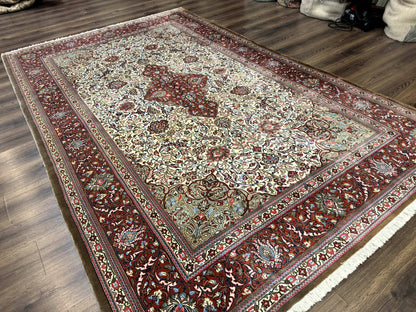 Persian Qum Rug 7x11 Beige Red Floral Medallion 260 KPSI Hand Knotted
