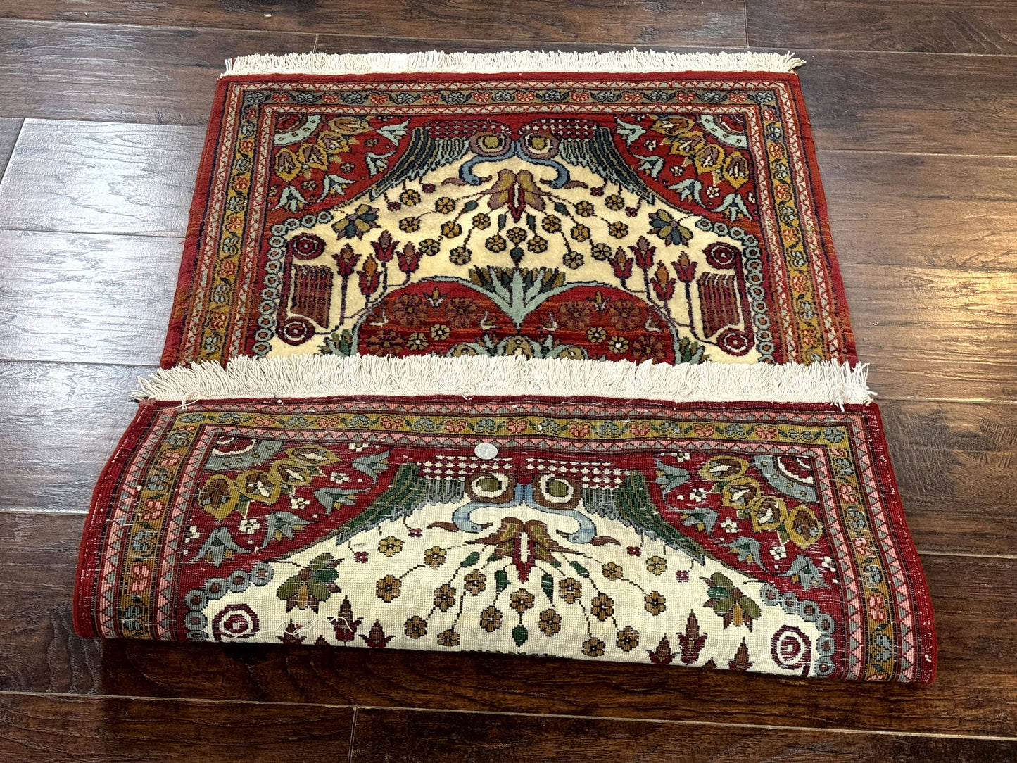 Persian Bijar Rug 2.6 x 4 Vintage Hand Knotted Wool Carpet Brick Red Ivory