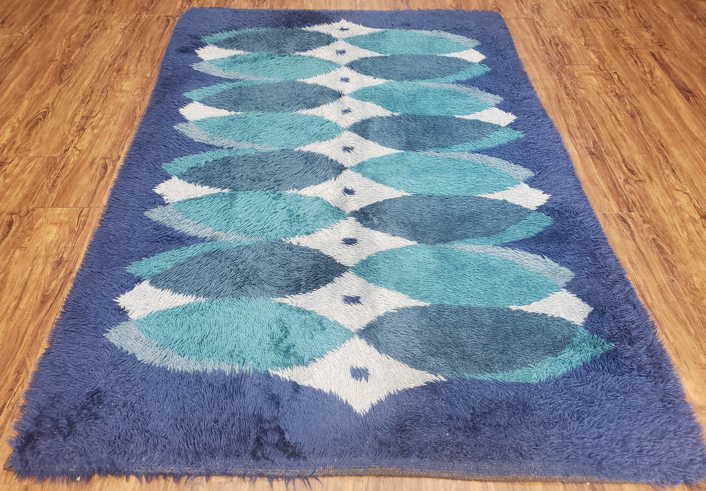 Blue Rya Rug Mid Century Danish Shag Wool Abstract Modern Rug 4 Foot 6 Inch By 6 Foot 7 Inch