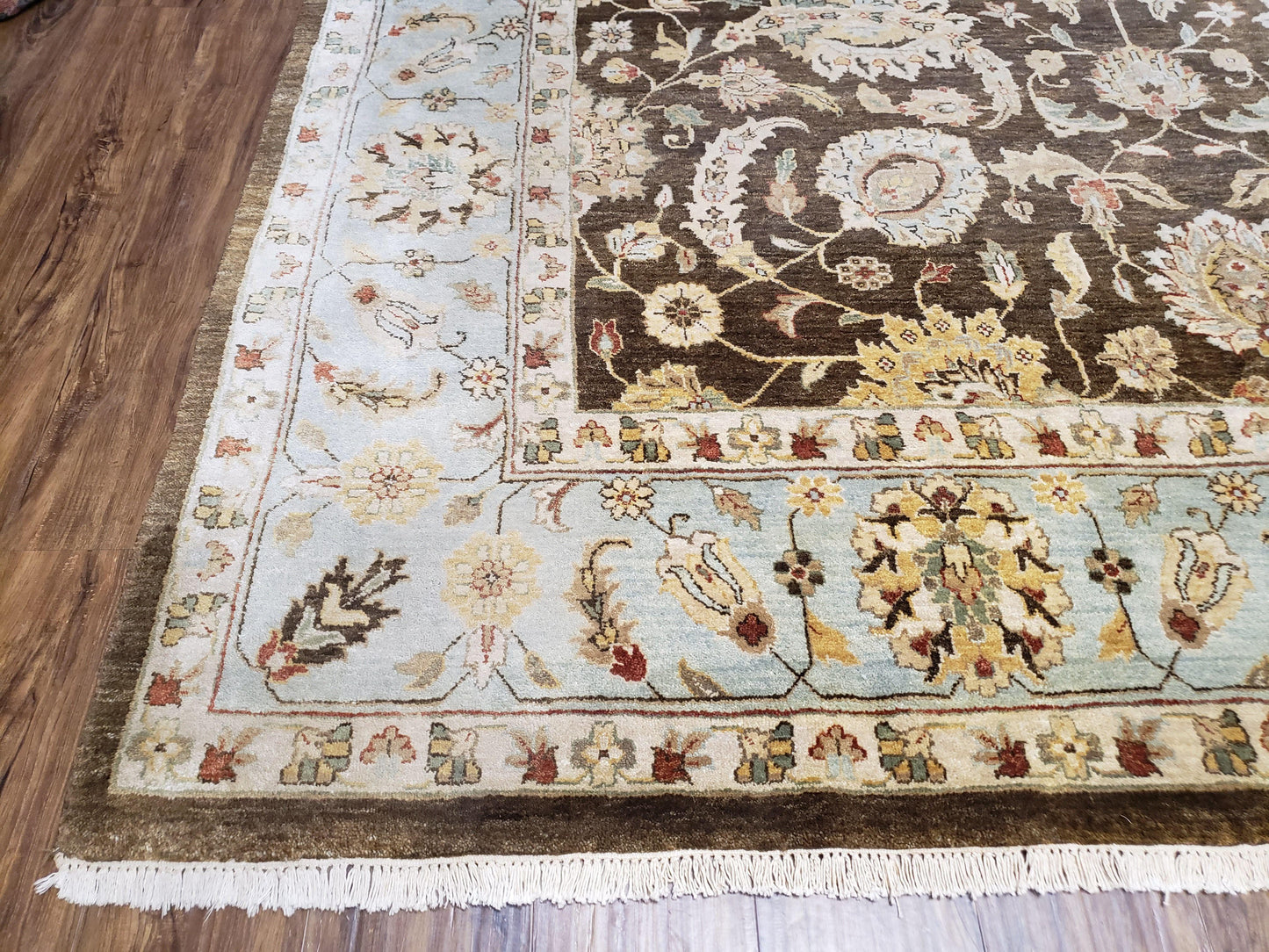 Oushak Wool Rug Indo Mahal Vintage Hand Knotted 8 Ft 8 In By 12 Ft Floral Brown And Blue
