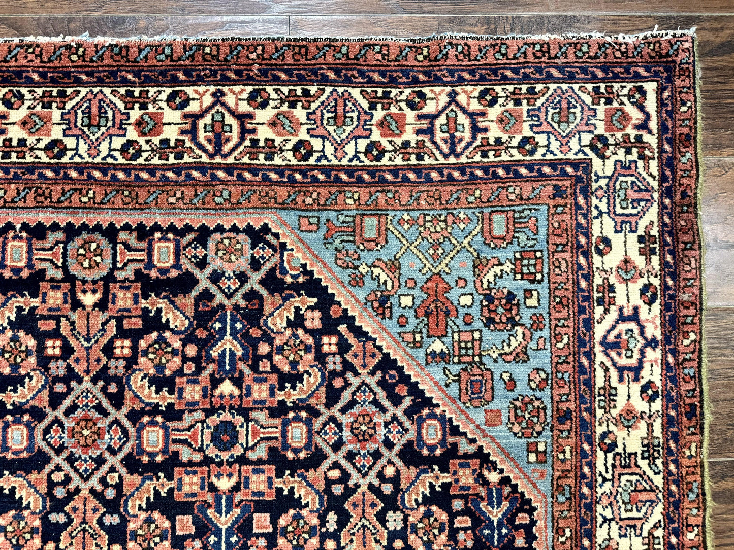 Antique Persian Rug Handmade Wool 5 by 6.7 Feet Navy Blue and Ivory Hamadan Angelas