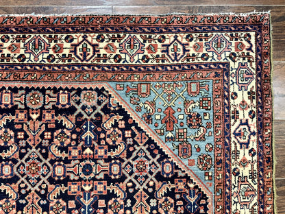 Antique Persian Rug Handmade Wool 5 by 6.7 Feet Navy Blue and Ivory Hamadan Angelas