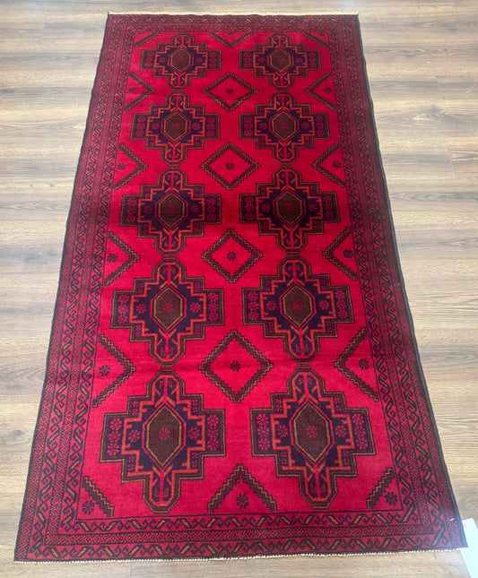 Balouch Afghan Rug 4x7 Hand Knotted Wool Contemporary Tribal Carpet Red And Navy